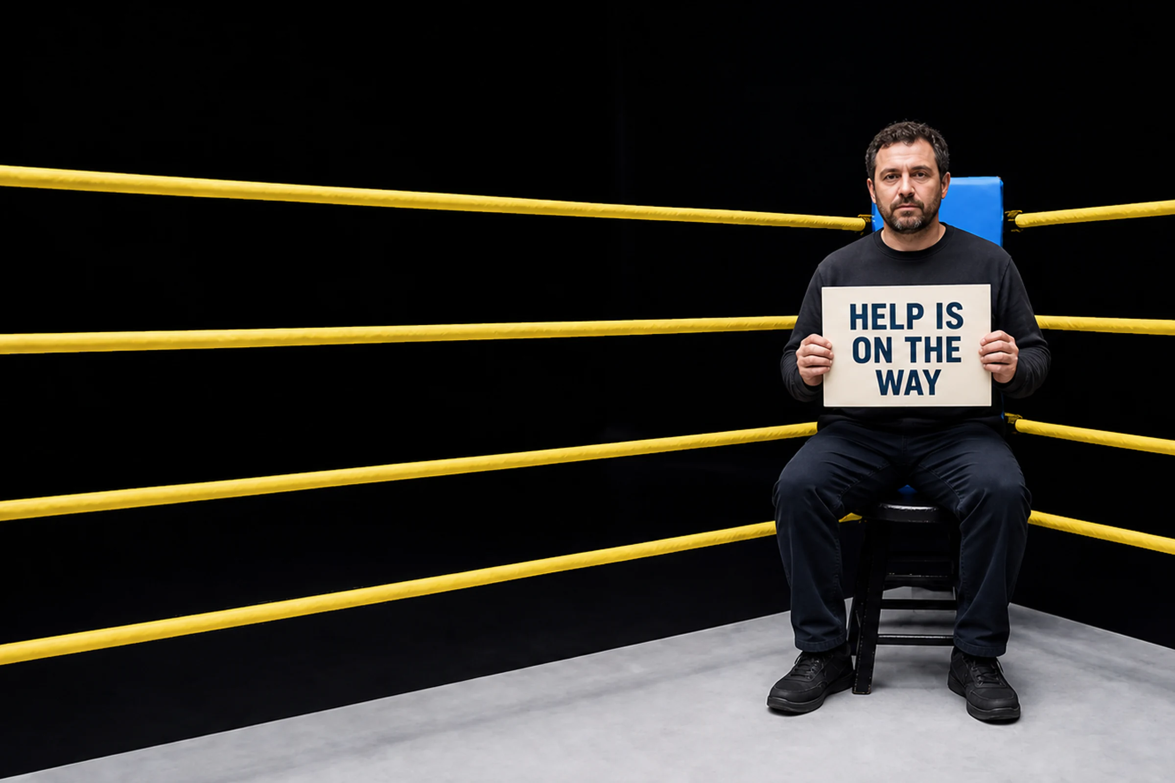 A solemn man seated in a boxing-ring corner holds a sign reading “HELP IS ON THE WAY,” framed by yellow ropes and a blue corner pad.