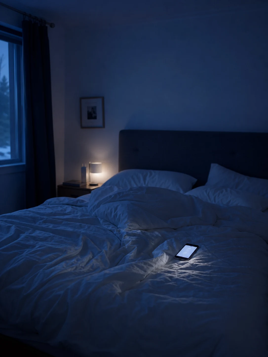An unmade bed in cool predawn light with a softly glowing phone on the rumpled bedding.