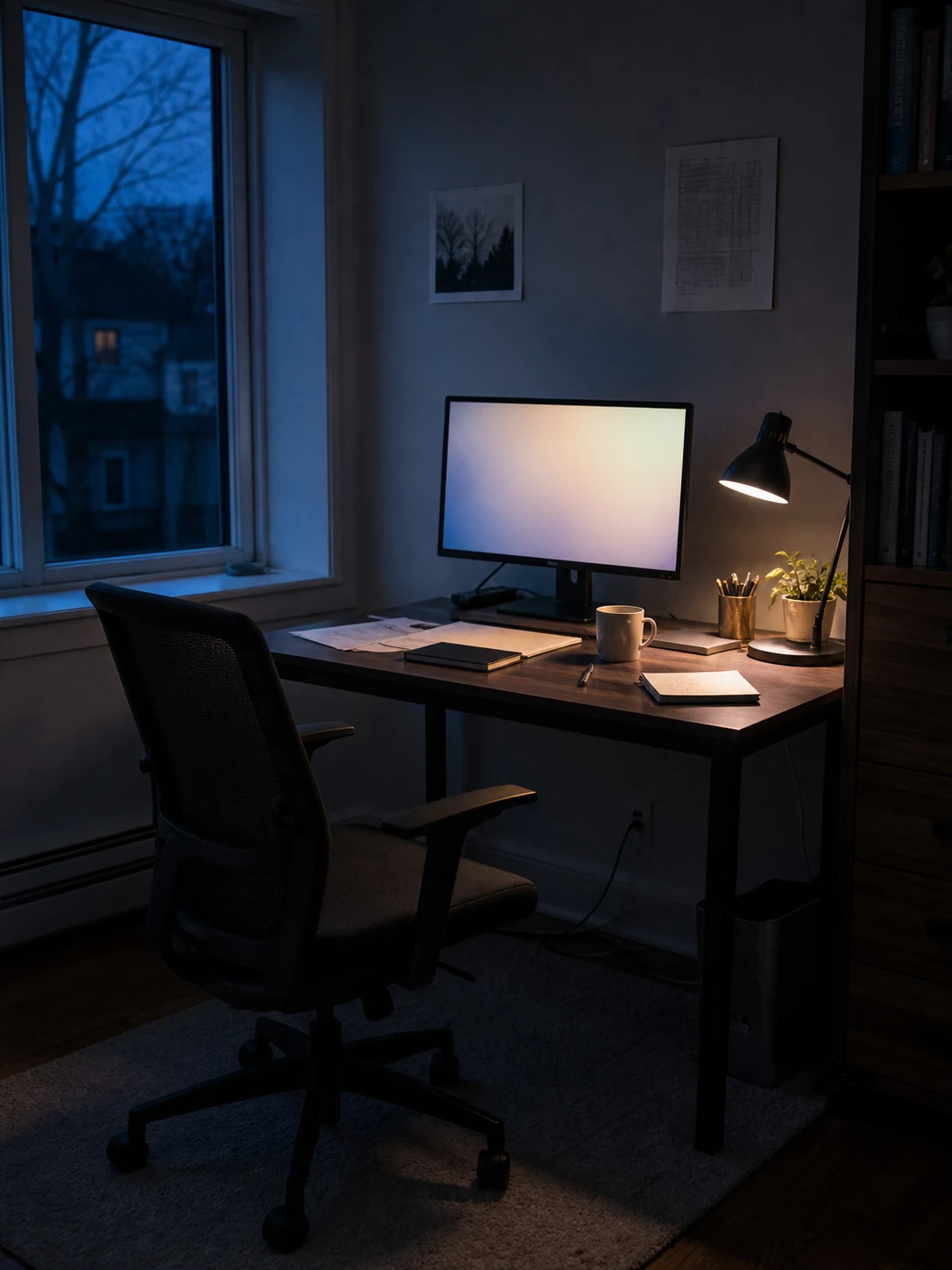 An empty desk chair sits before a softly lit blank monitor in a home office at dusk.