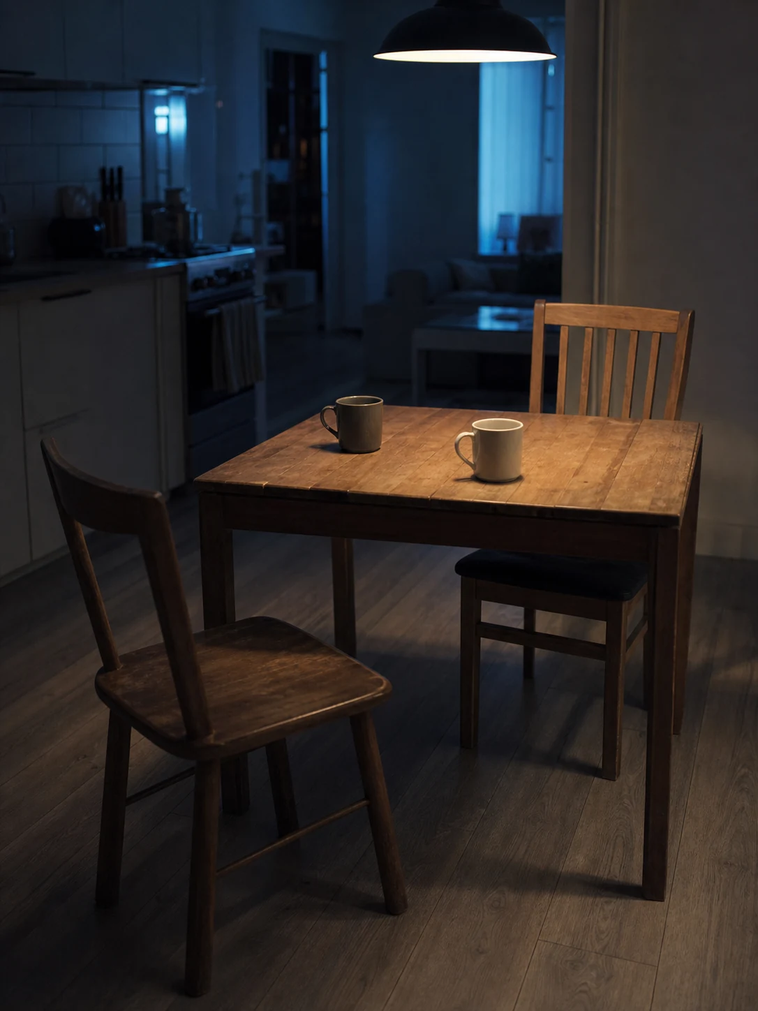 Two mugs remain on a kitchen table beside an empty chair pulled away in blue evening light.